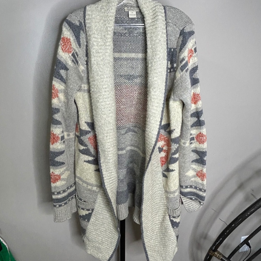 Lucky Brand Womens XL Southwestern Open Front Shawl Cardigan Sweater Gray Cotton